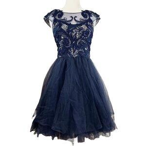Marchesa Notte Embroidered Sequined Applique Sheer Tulle Formal Dress Navy Sz 2